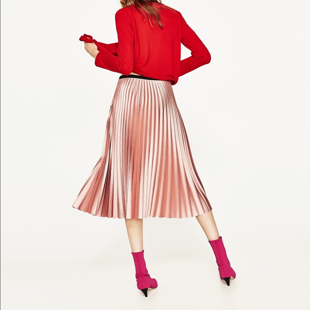 NWT Zara Shiny Pink Accordion Pleated Midi Skirt - Picture 4 of 8